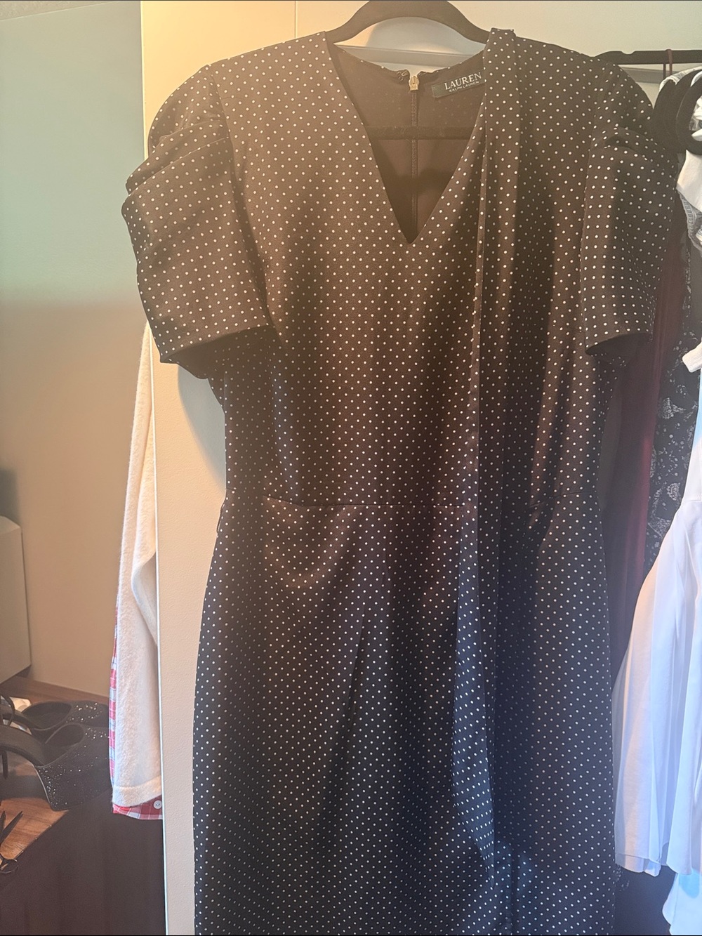 Lauren Ralph Lauren Black Polka Dot V-Neck Midi Dress